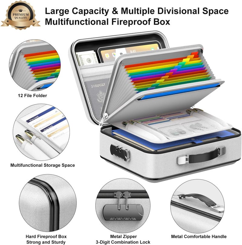 COLCASE Fireproof Document Box, Hard Case Fireproof File Organizer with Lock Hard-Shell Design Fireproof Water Resistant Safe Box for Important Documents Certificates Laptop Passports Gray - Image 4